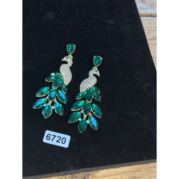 Peacock Crystal Drop Earrings With Green Gemstones - Picture 4 of 9